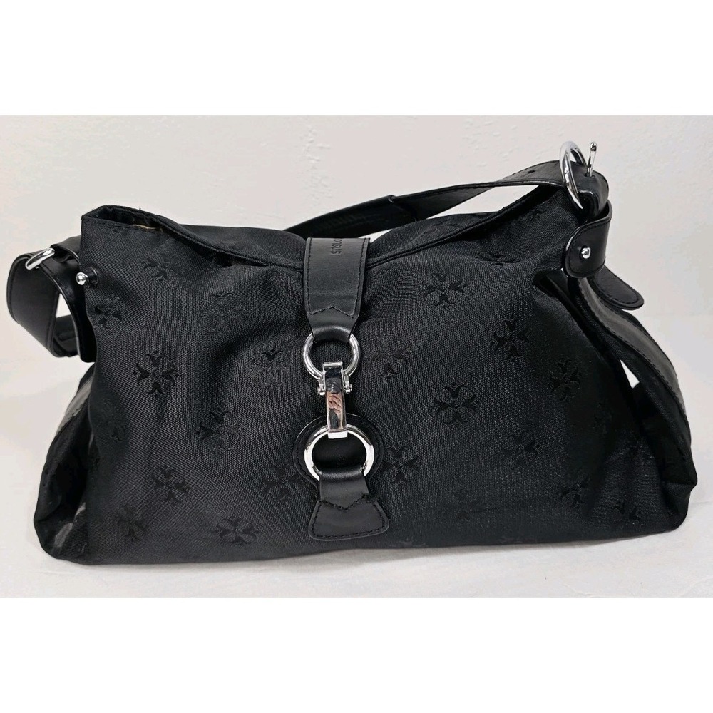 Moonsus Black Canvas Arm Bag - EUC - Unusual Clip Closure - Gold Strip Interior